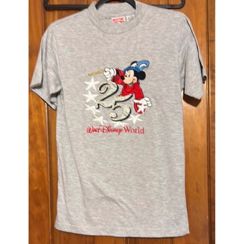 Vintage Walt Disney World 25th Anniversary Sorcerer Mickey T-Shirt Gray Small